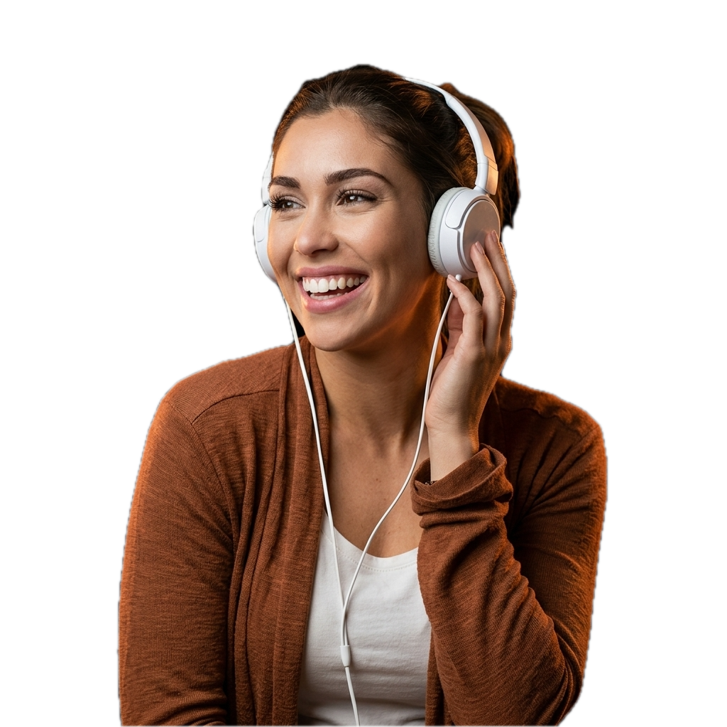 Aluna praticando inglês com fones de ouvido